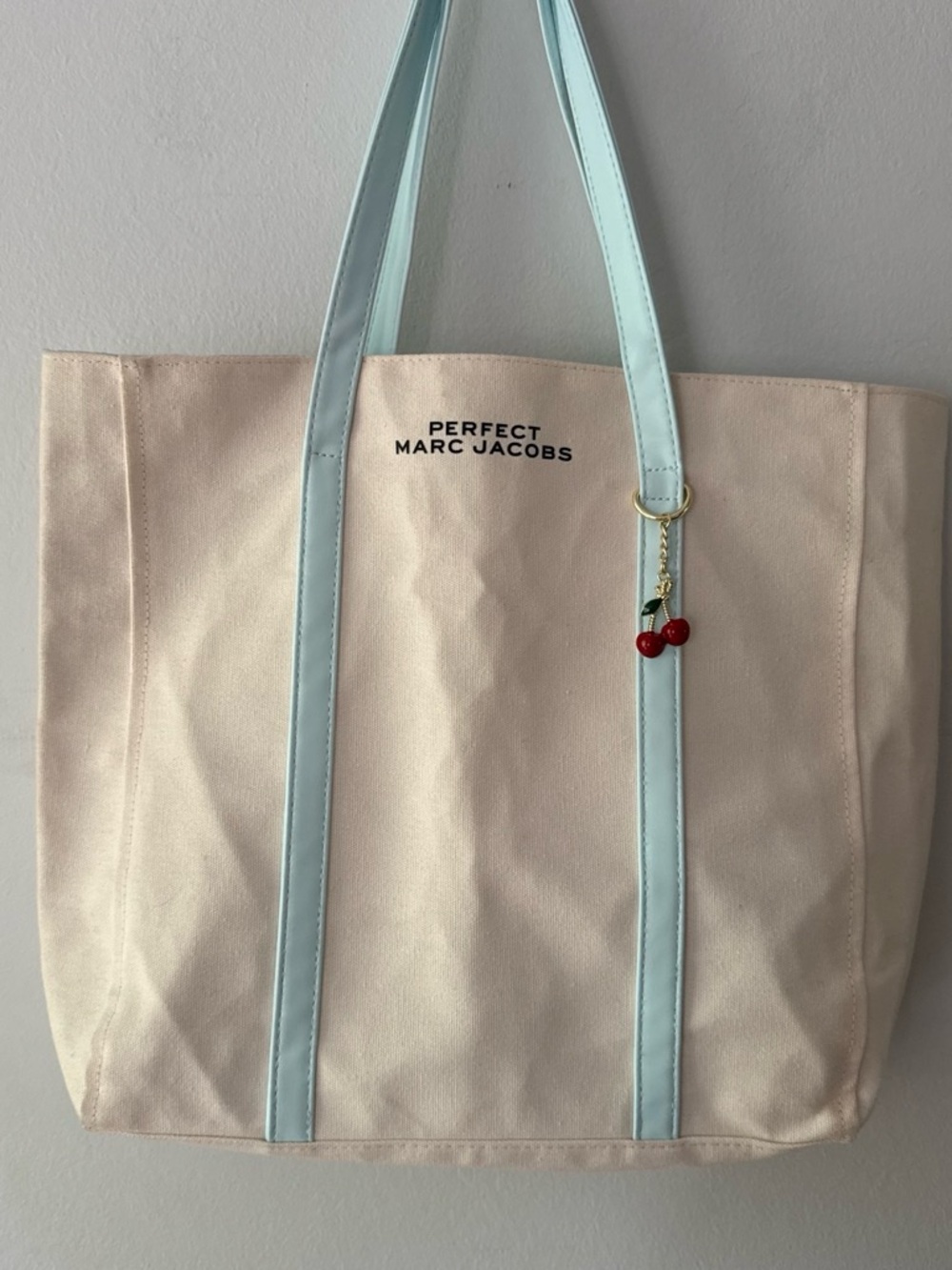 Perfect Marc Jacobs White Canvas Tote Bag w/ Light Blue Faux Leather Straps